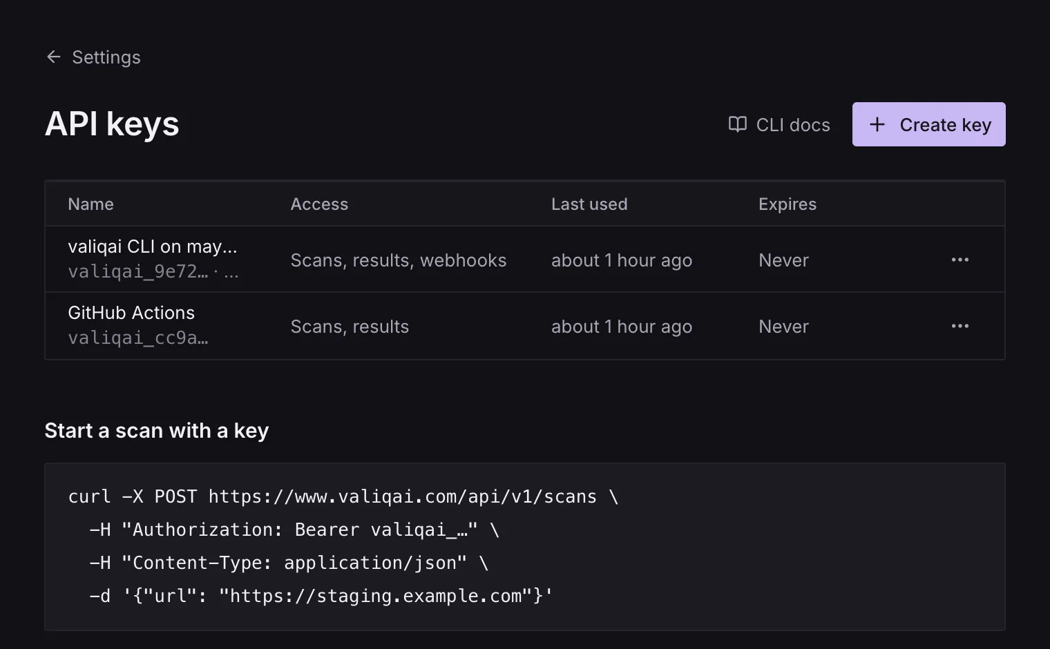 Settings, API keys: a key for GitHub Actions and one the CLI made, with what each can do, when it was last used and when it expires.