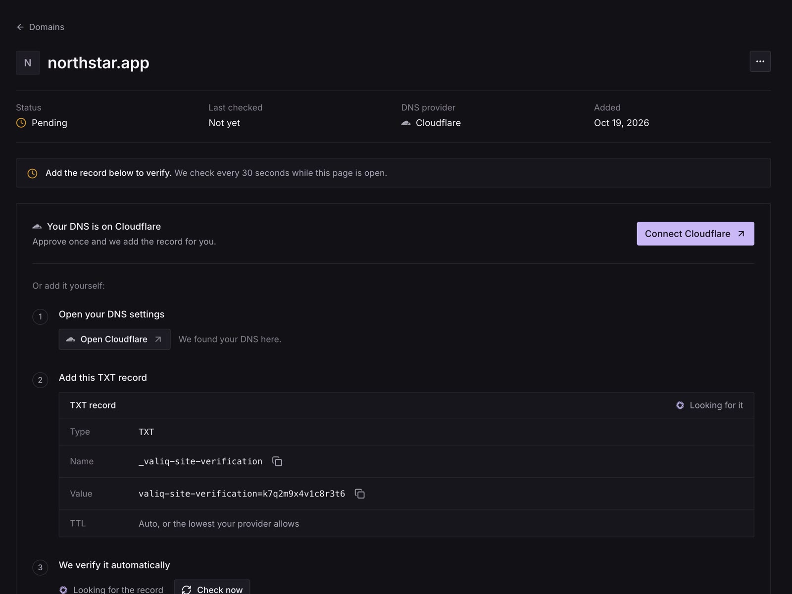 A domain's page in ValiqAI before it's verified: one-click setup with Cloudflare at the top, then the steps to add the TXT record yourself.